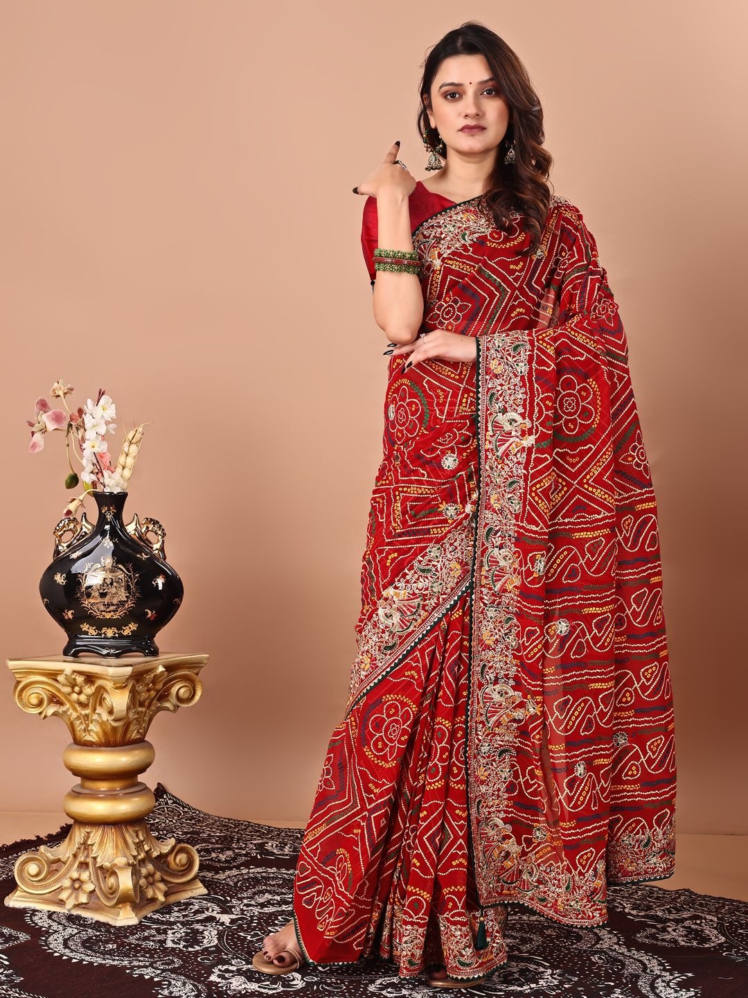 

Mitera Women Embroidered Bandhani Saree, Red