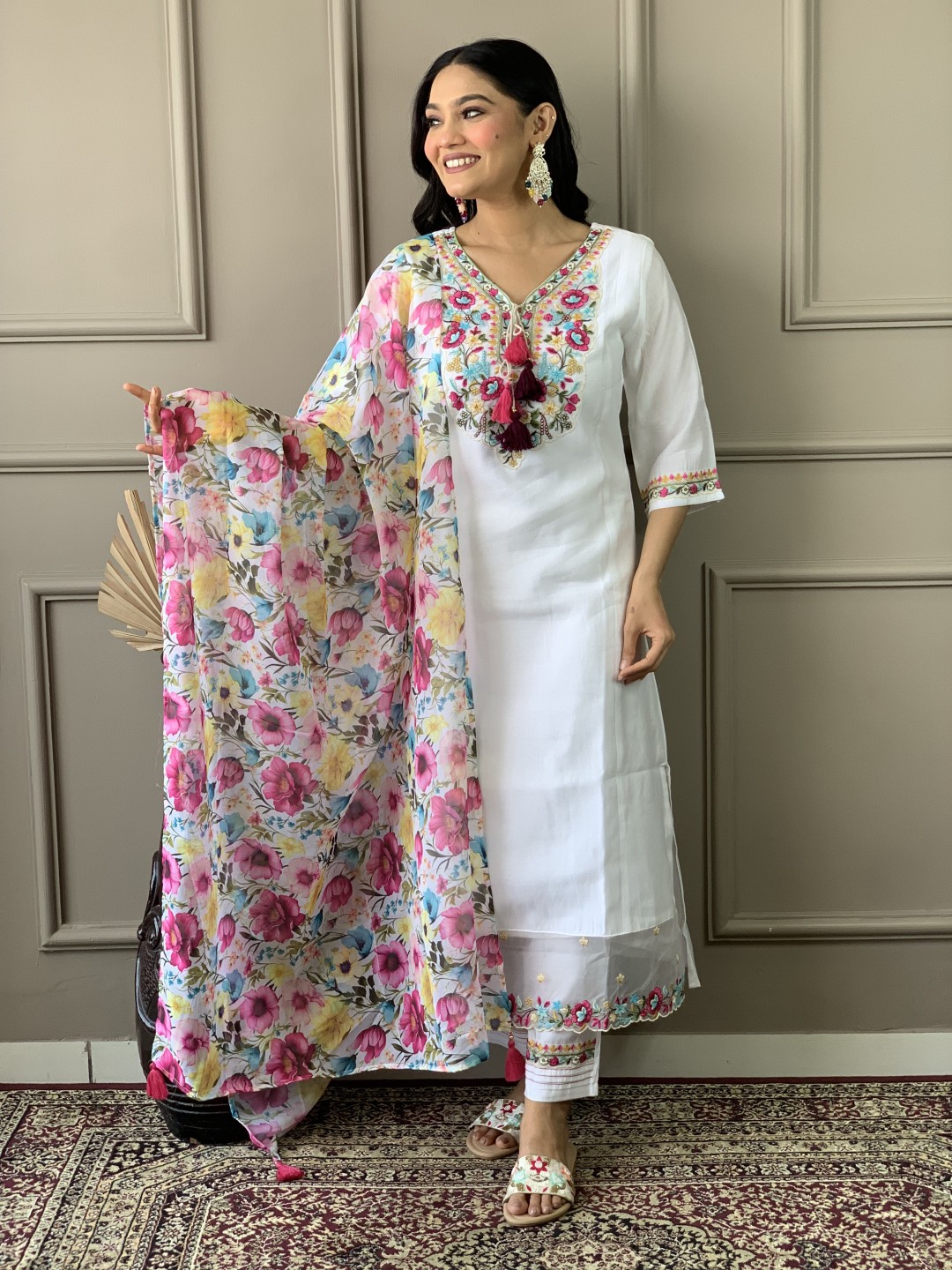 

KALINI Floral Embroidered Key Hole Neck Chanderi Silk Kurta with Trousers & Dupatta, Off white