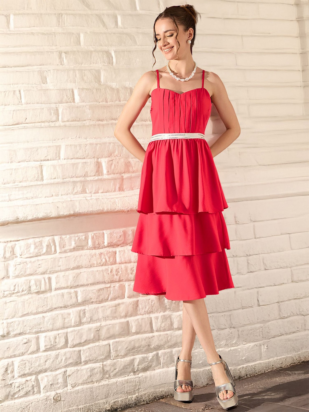 

STYLECAST X KASSUALLY Ruffled Crepe Fit & Flare Midi Dress, Red