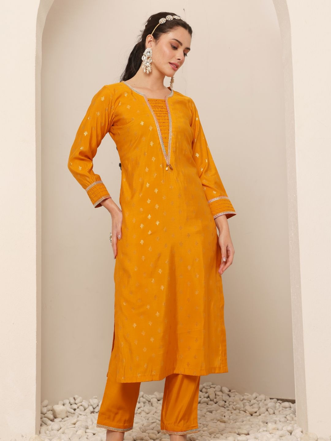 

Lative Colours of Fashion Women Ethnic Motifs Regular Chanderi Cotton Kurta with Trousers & With Dupatta, Mustard