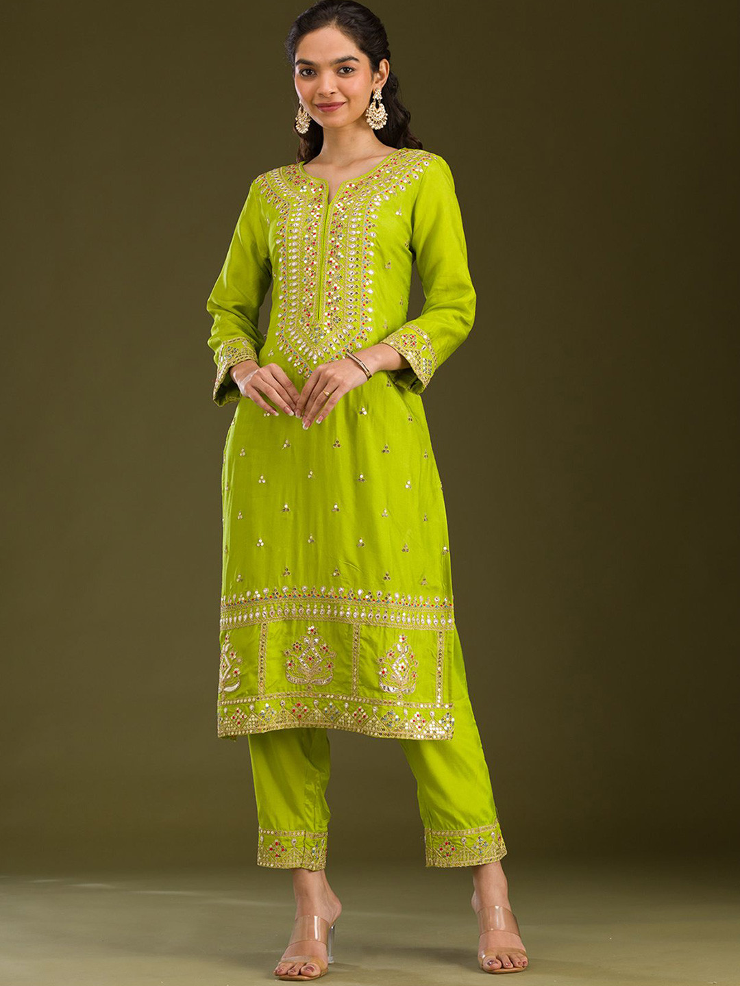 

Koskii Women Embroidered Regular Mirror Work Kurta with Trousers & With Dupatta, Green