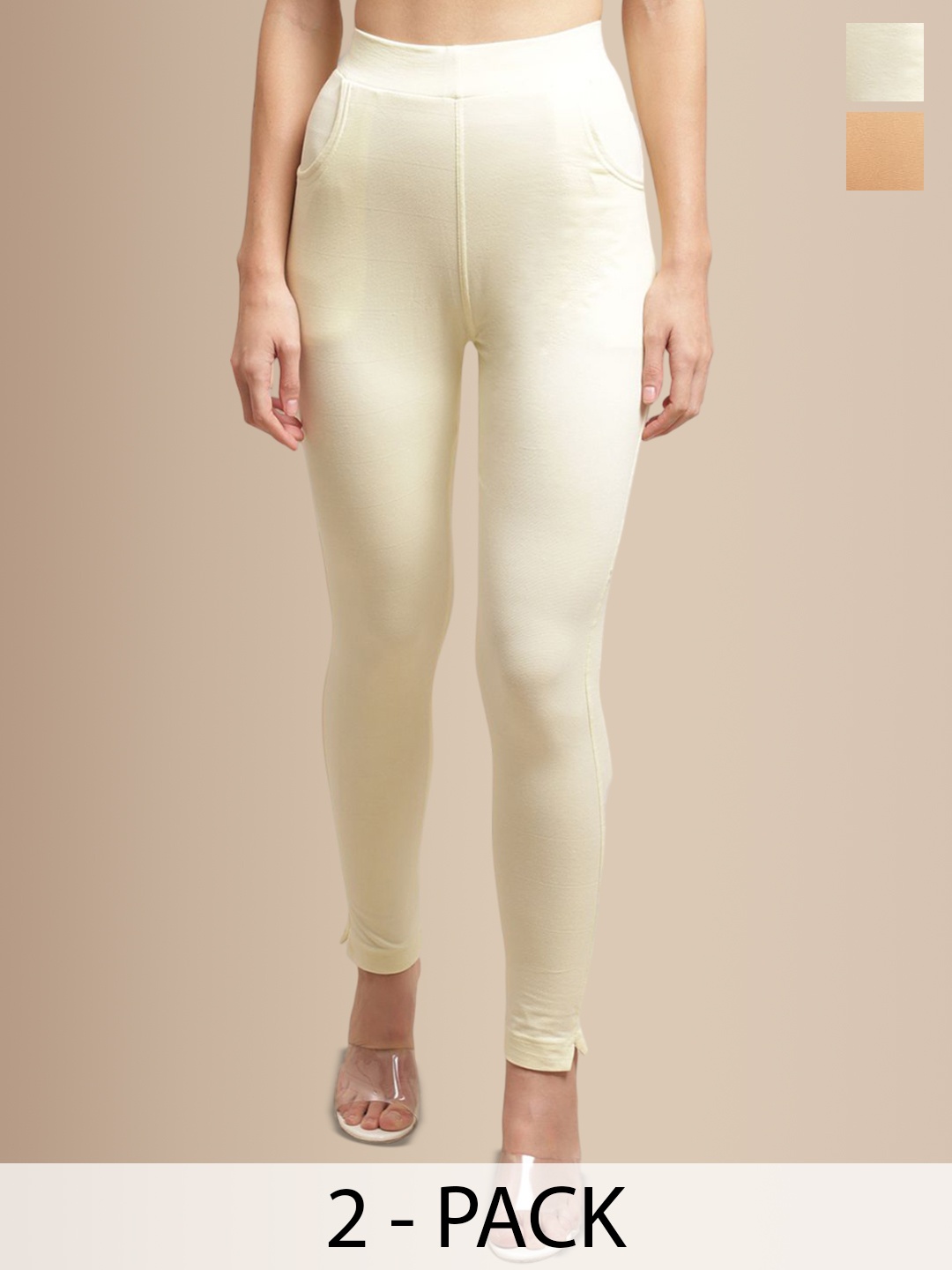 

Valles365 by S.C. Women Pack Of 2 Ankle Length Cotton Leggings with Pocket, Beige