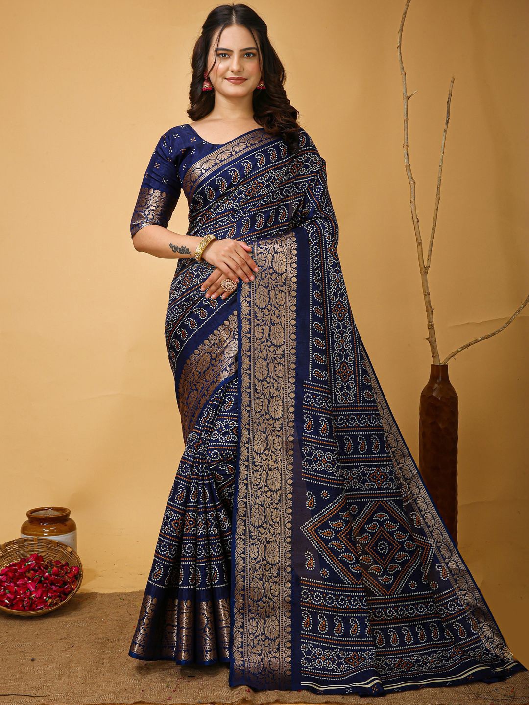 

Anouk Rustic Bandhani Zari Silk Blend Bandhani Saree, Navy blue