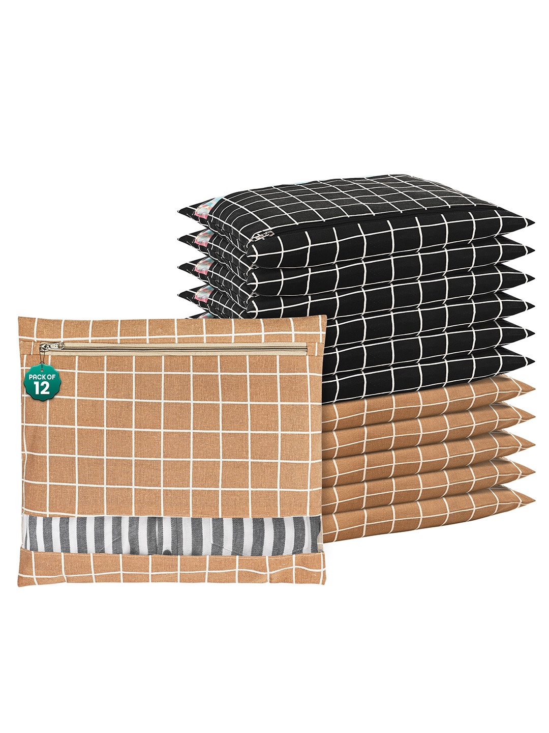 

Kuber Industries Brown and Black 12 Pieces Checked Cotton Drawer Organisers