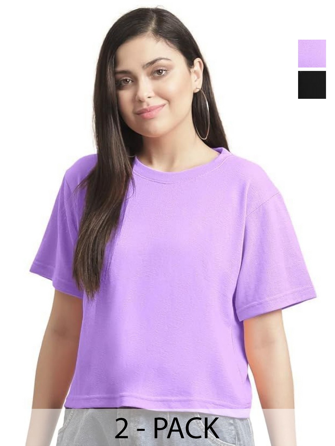 

NOTWILD Women Pack Of 2 Solid Cotton Relaxed Fit T-shirts, Lavender