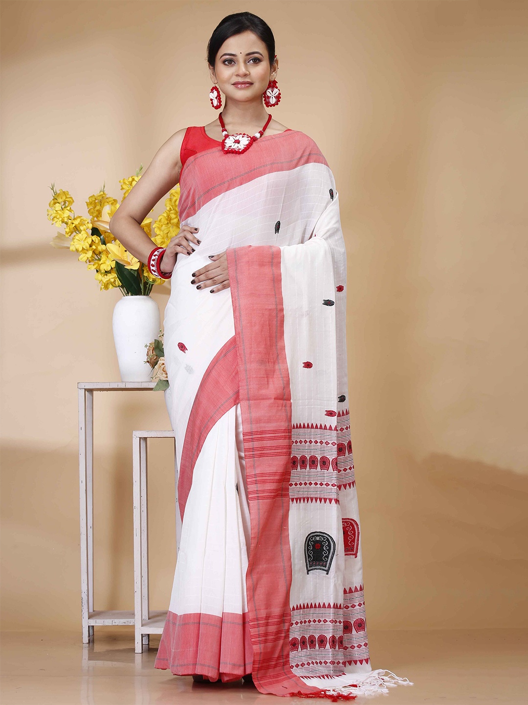 

SRILOK Woven Design Pure Cotton Fusion Khadi Saree, White