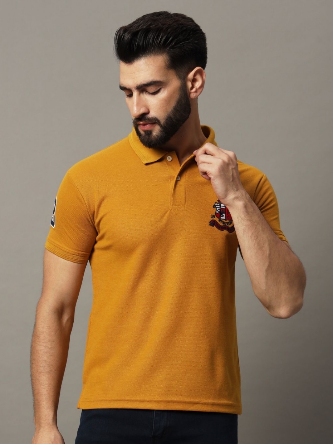 

HUSHBUCKS Men Polo Collar Pockets T-shirt, Mustard