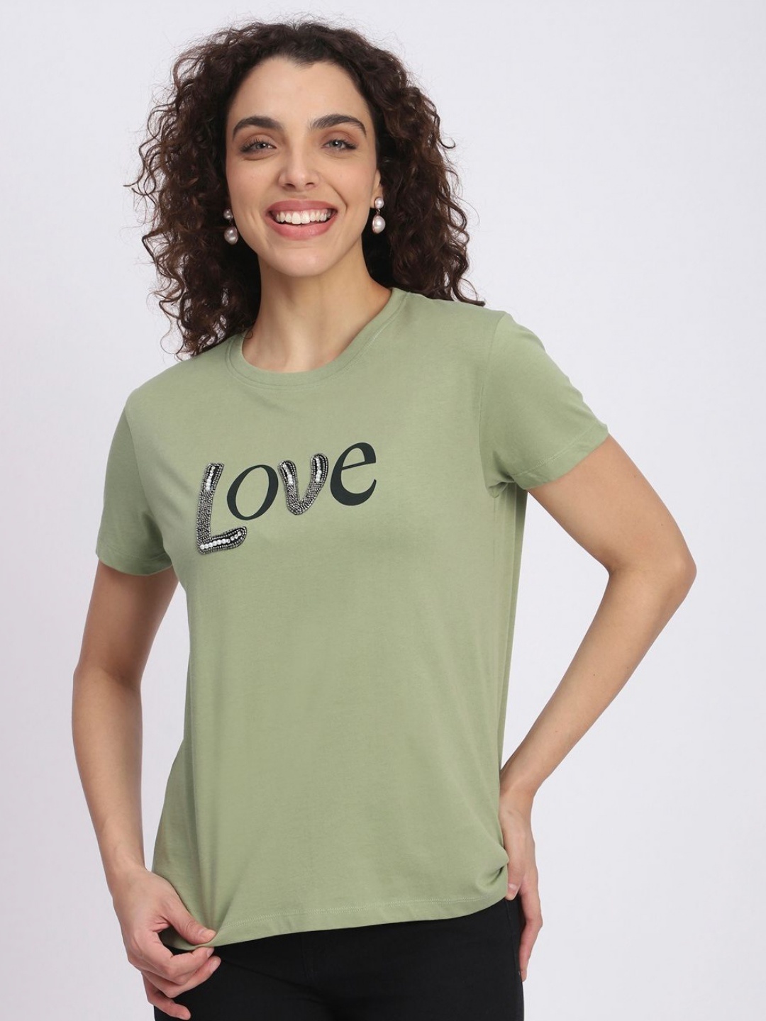 

R&B Women Typography Printed Round Neck Cotton T-shirt, Olive