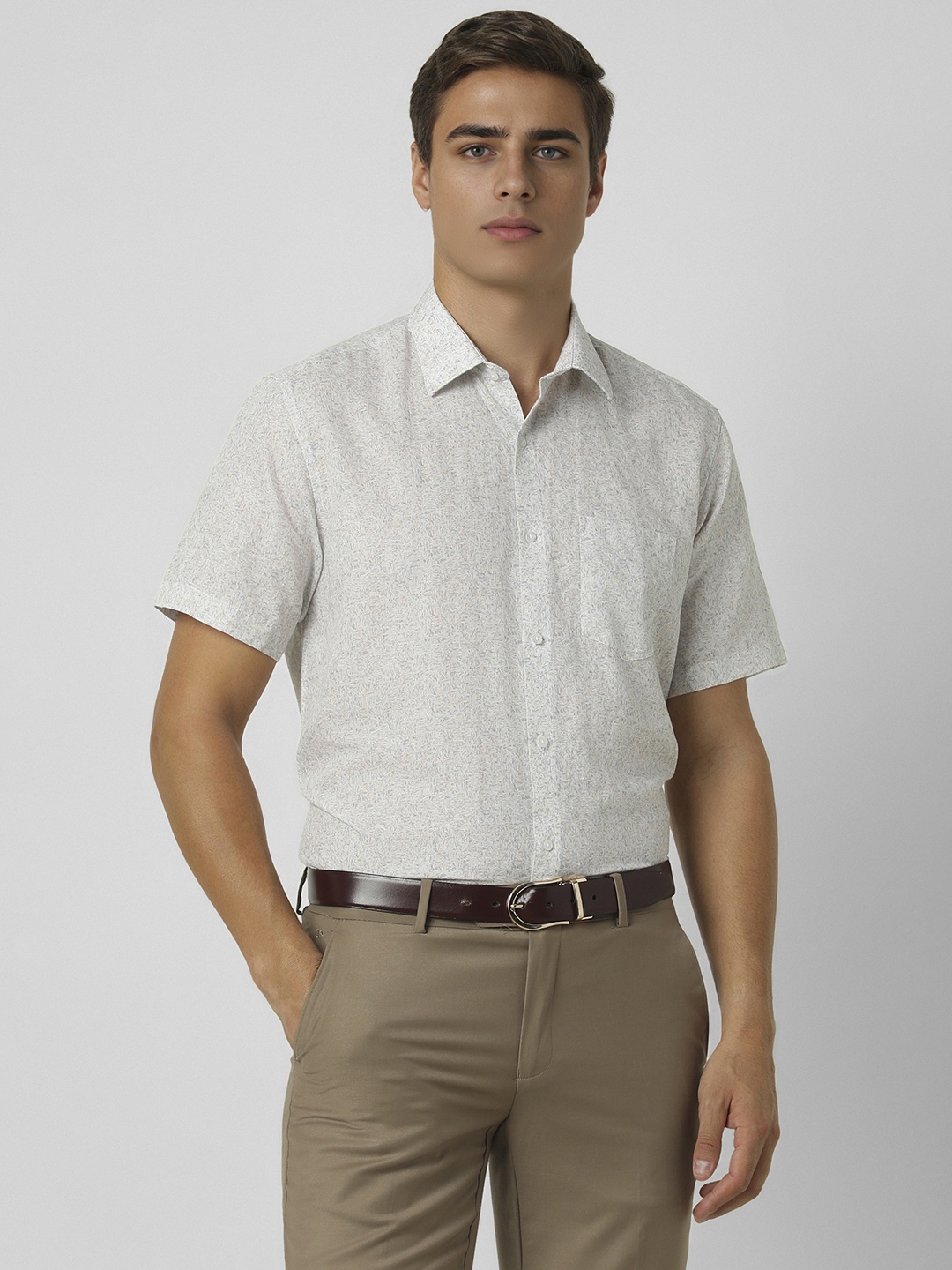

Van Heusen Men Slim Fit Spread Collar Abstract Printed Linen Formal Shirt, Beige