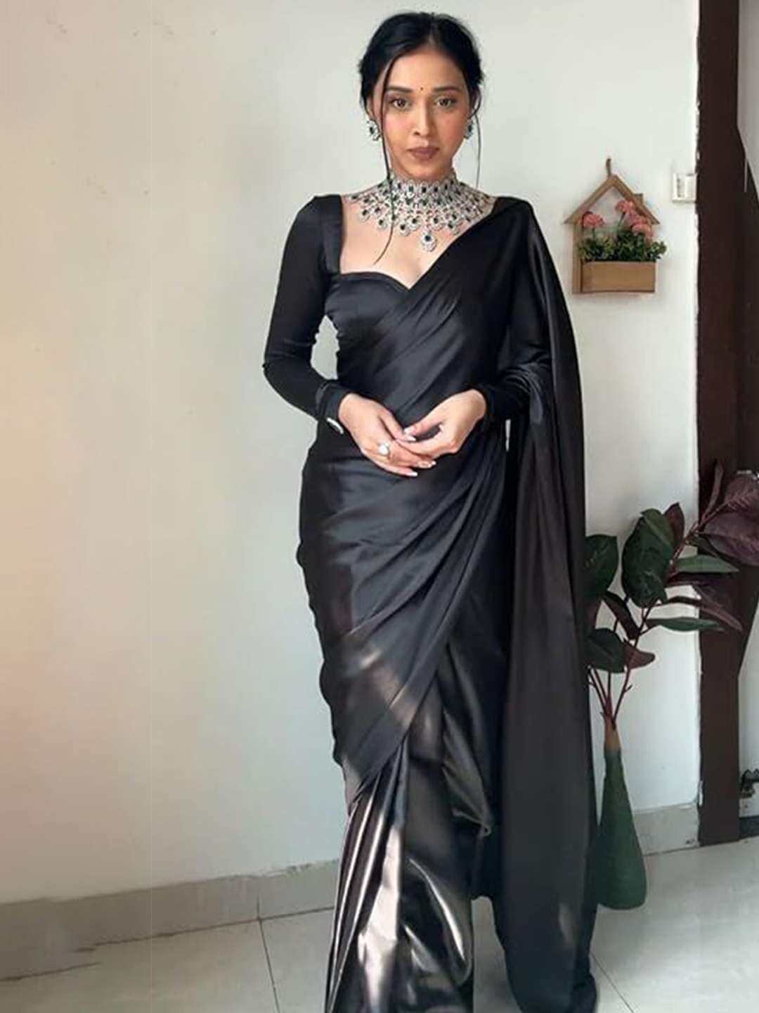 

Shopaz Satin Ready to Wear Saree, Black