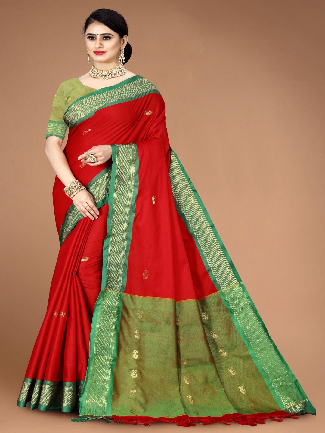 

Moda Rapido Woven Design Zari Art Silk Paithani Saree, Red