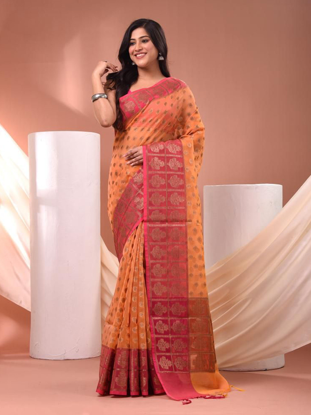 

VIBHAVARI Woven Design Zari Silk Cotton Saree, Orange