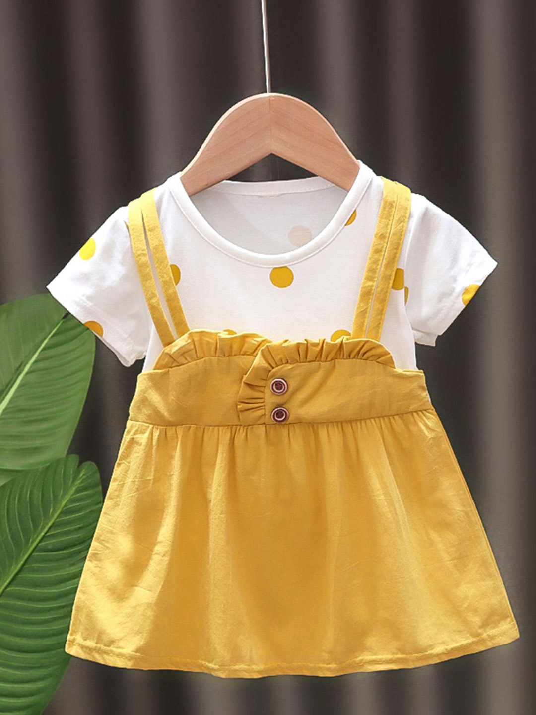 

YK Girls Polka Dot Printed Cotton Pinafore Knee Length Dress, Yellow