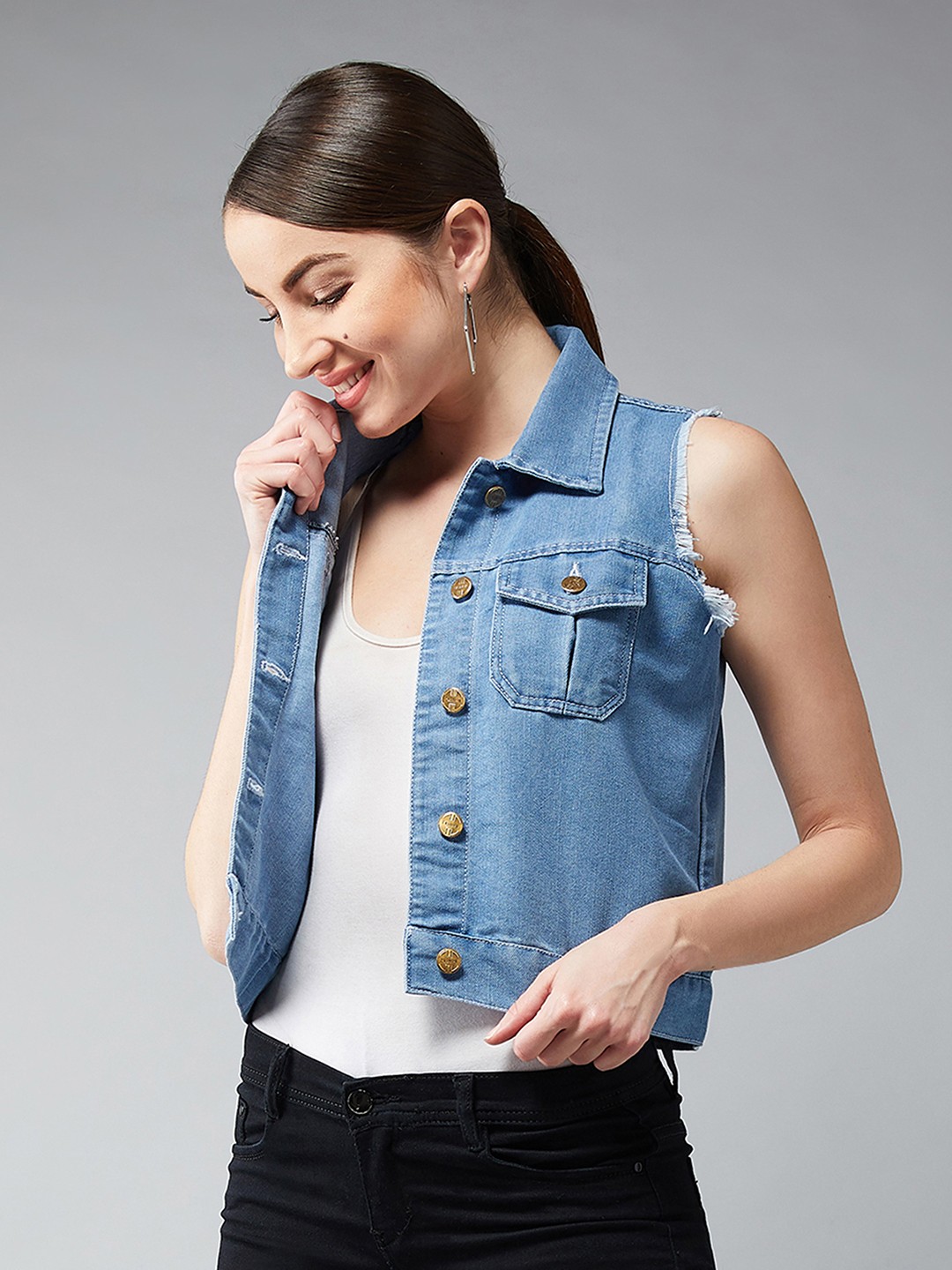 

DOLCE CRUDO Women Spread Collar Washed Solid Casual Denim Jacket, Blue