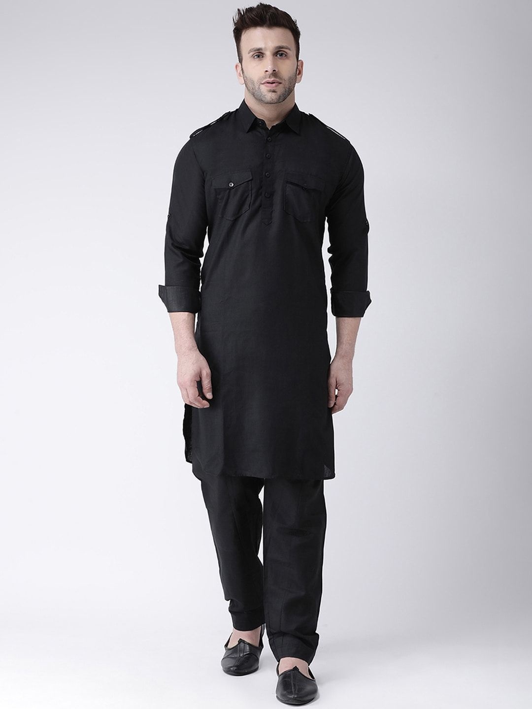 

CHARLOTTE GRACIOUS Shirt Collar Pure Cotton Pathani Kurta With Salwar, Black