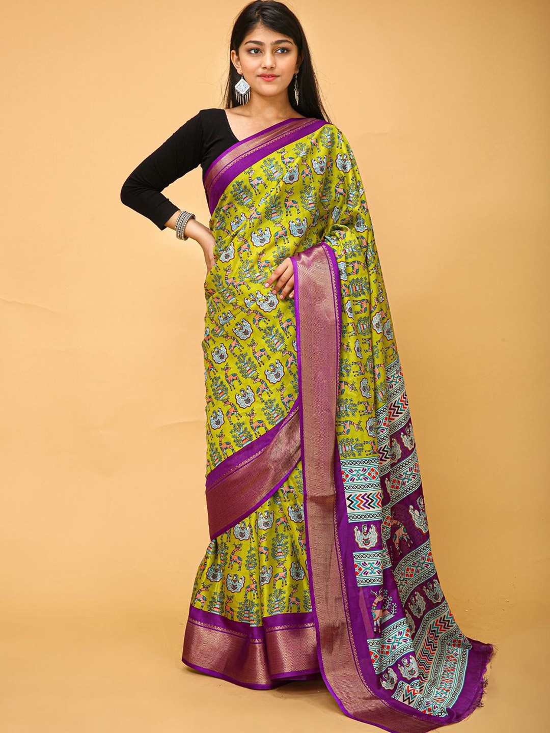 

Anouk Rustic Kalamkari Zari Silk Blend Designer Sungudi Saree, Lime green