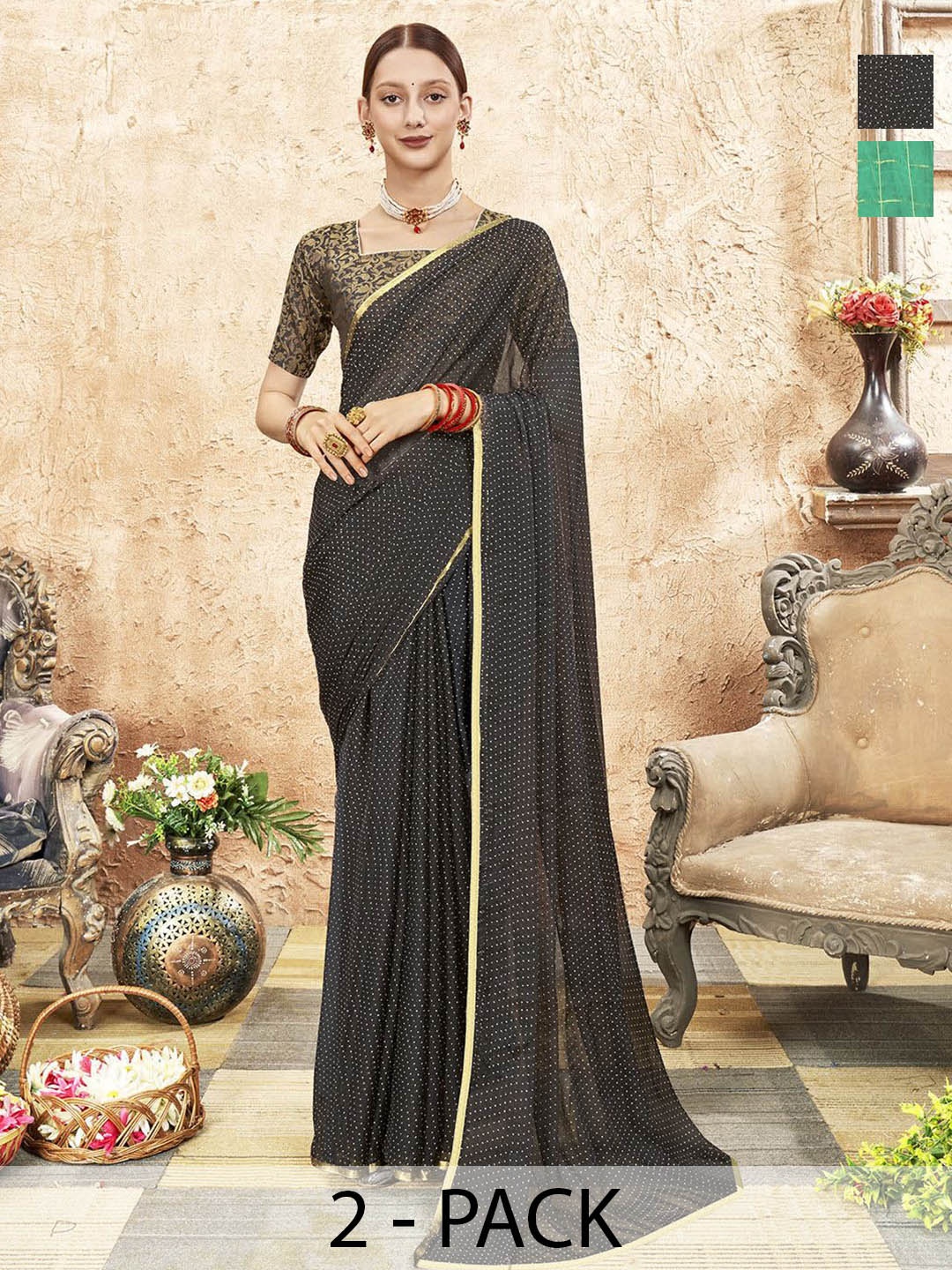 

Anouk Rustic Polka Dot Zari Saree, Black
