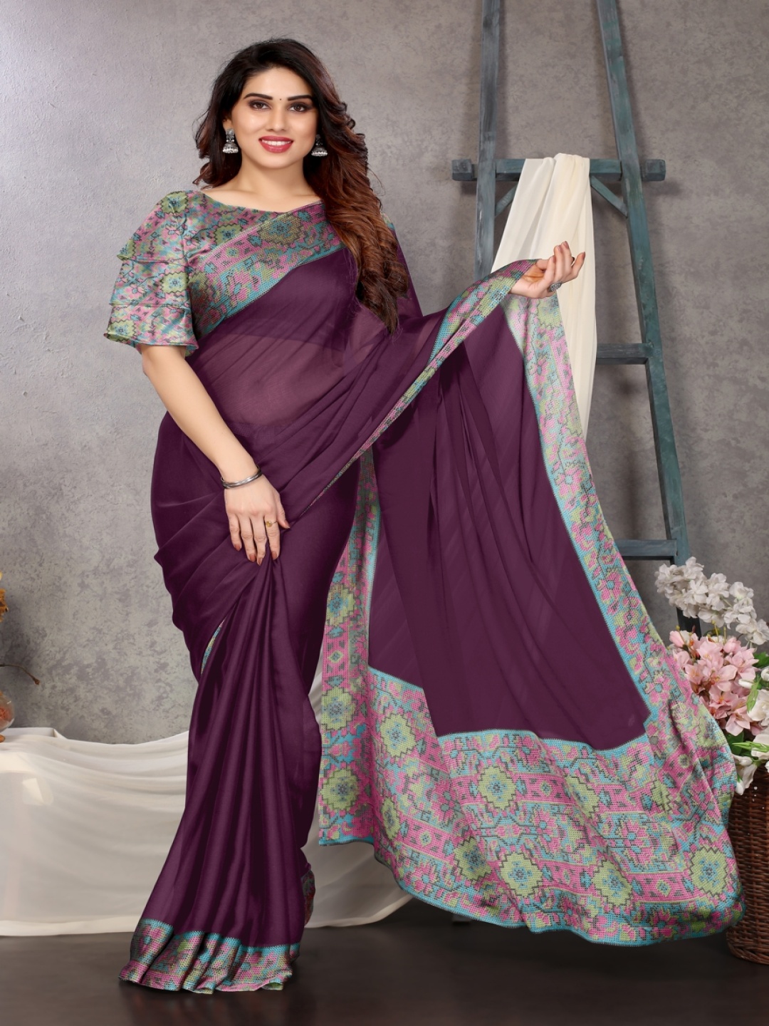 

KALINI Printed Border Saree with Unstitched Blouse, Purple