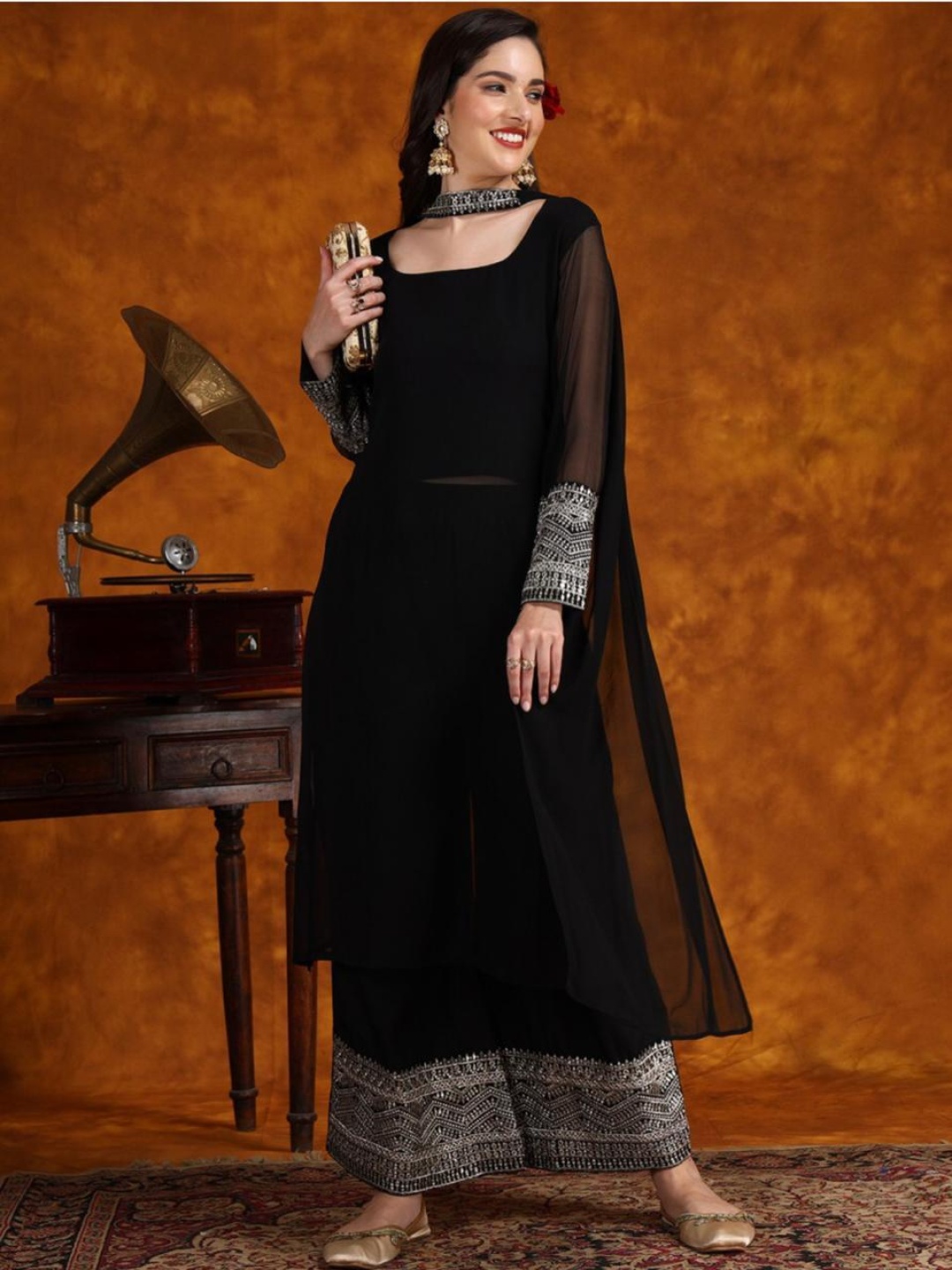 

ANJAVI FASHION Square Neck Georgette Kurta with Palazzo And Dupatta, Black