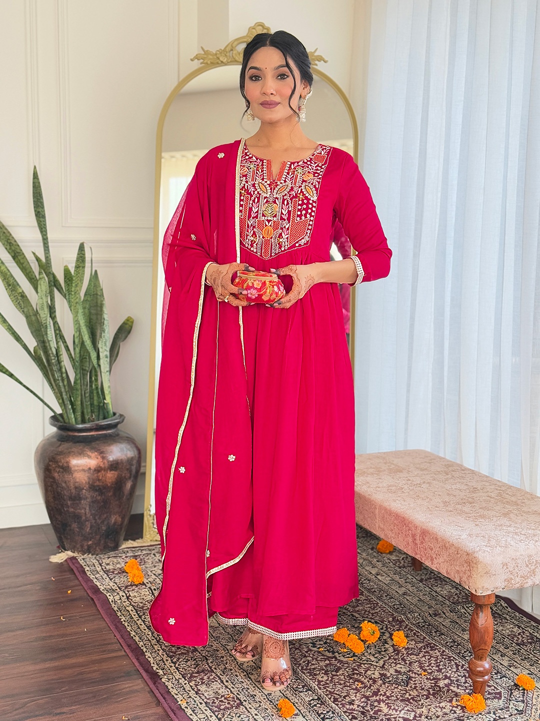 

KALINI Thread Work Notch Neck A-Line Kurta With Trousers And Dupatta, Red