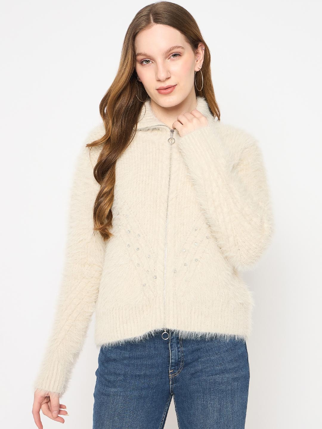 

Madame Women Striped Fuzzy Cardigan, Cream