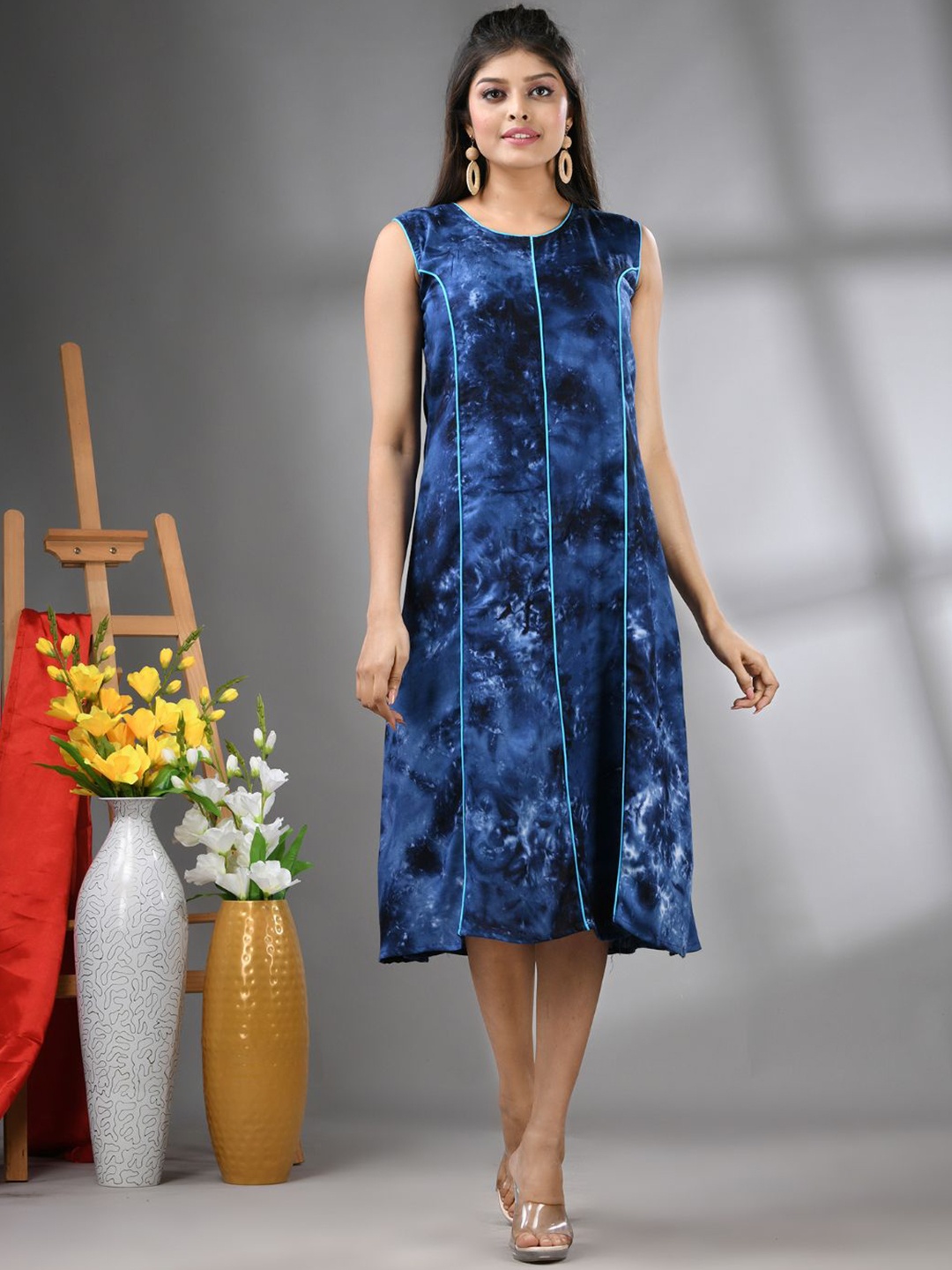 

Charukriti Printed A-Line Midi Ethnic Dresses, Navy blue