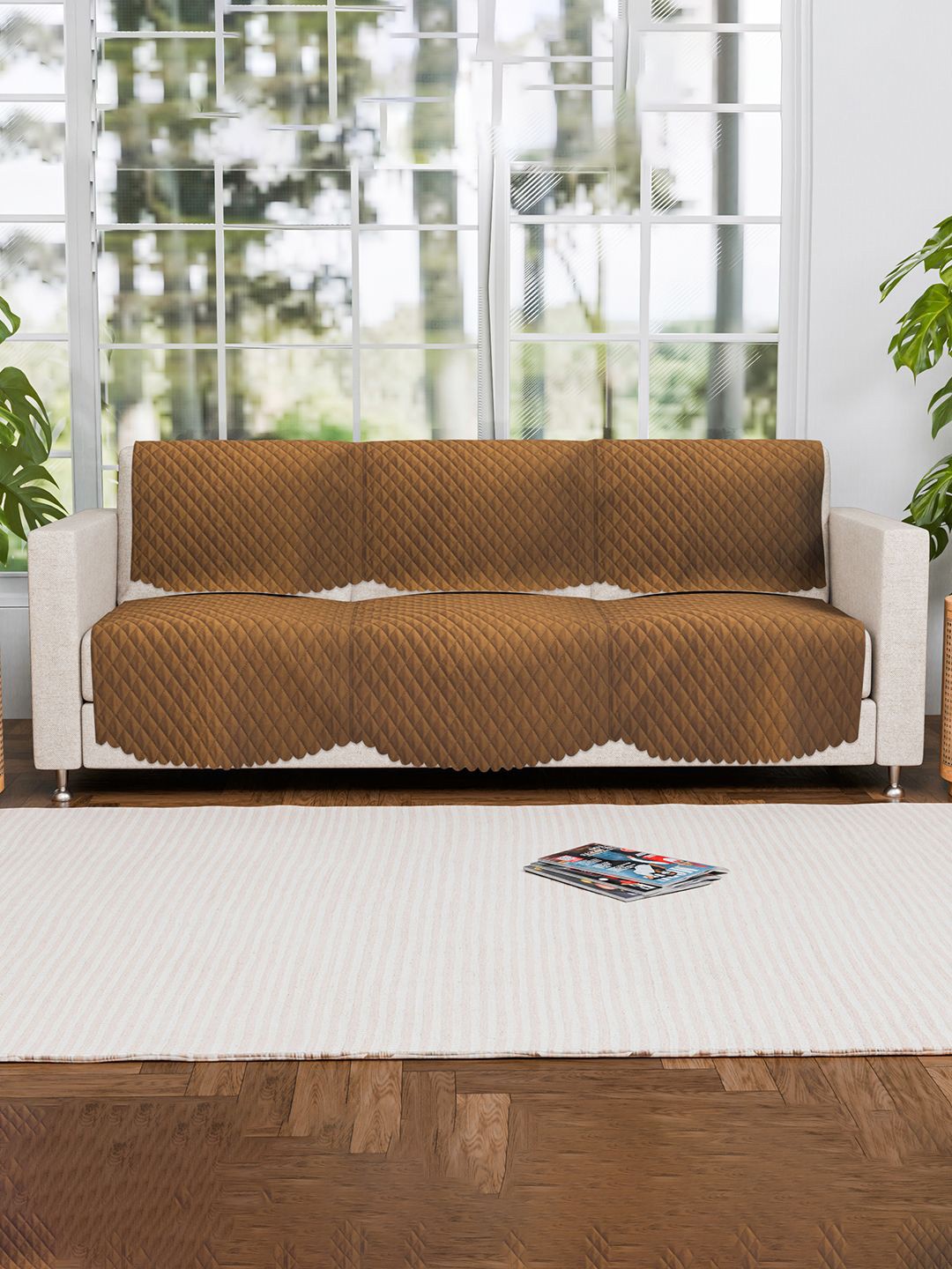 

Kuber Industries Brown 6 Pieces 3 Seater Self Design Velvet Sofa Covers