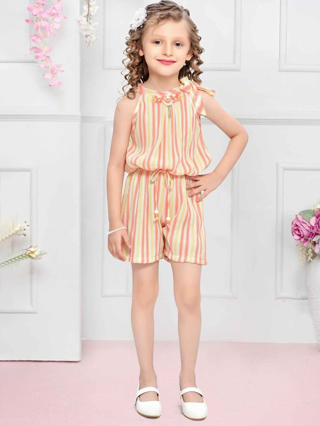 

Lagorii Girls Striped Shoulder Straps Jumpsuit, Orange