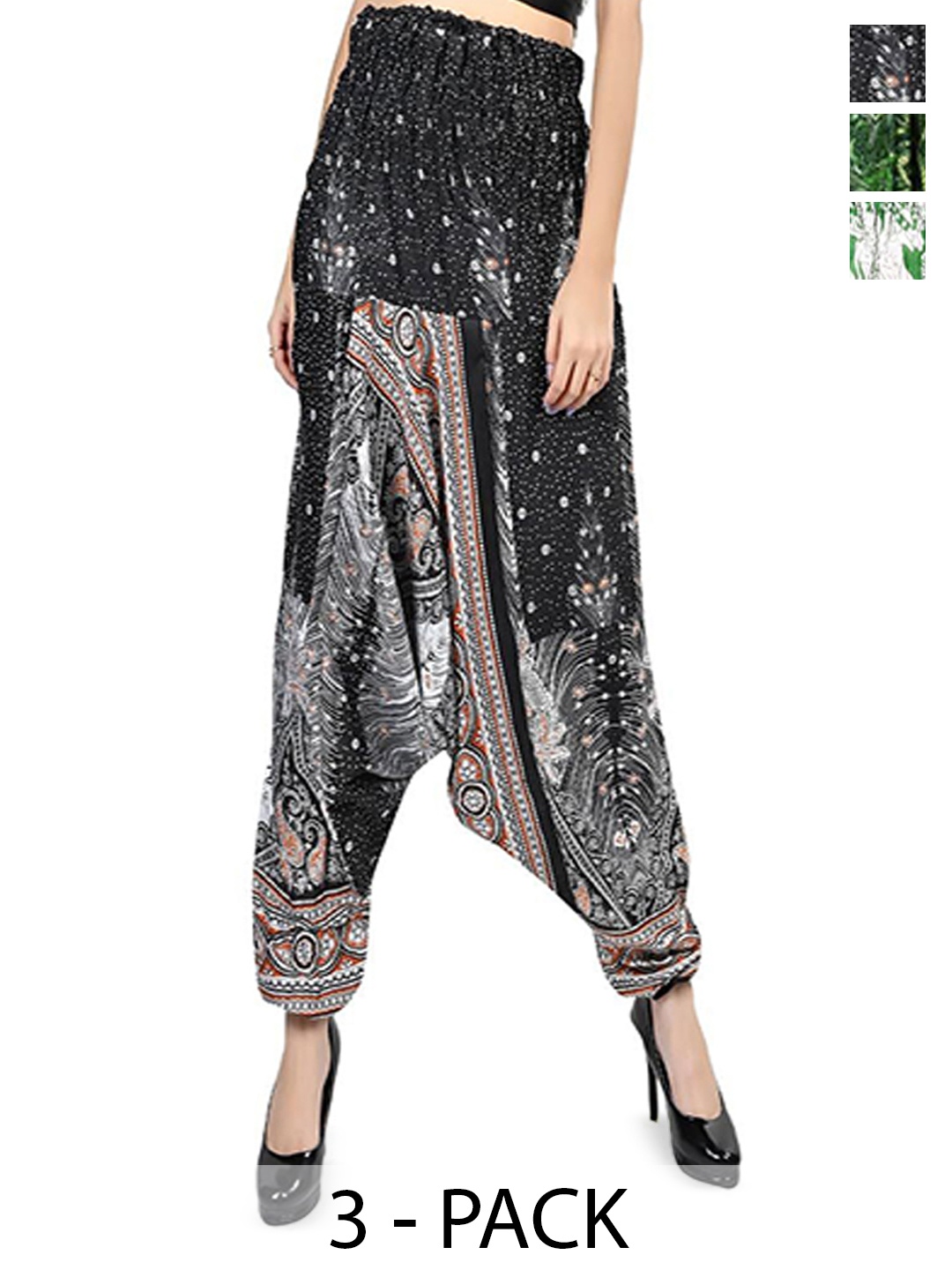 

NarNari Women Pack Of 3 Printed Mid-Rise Harem Pants, Black