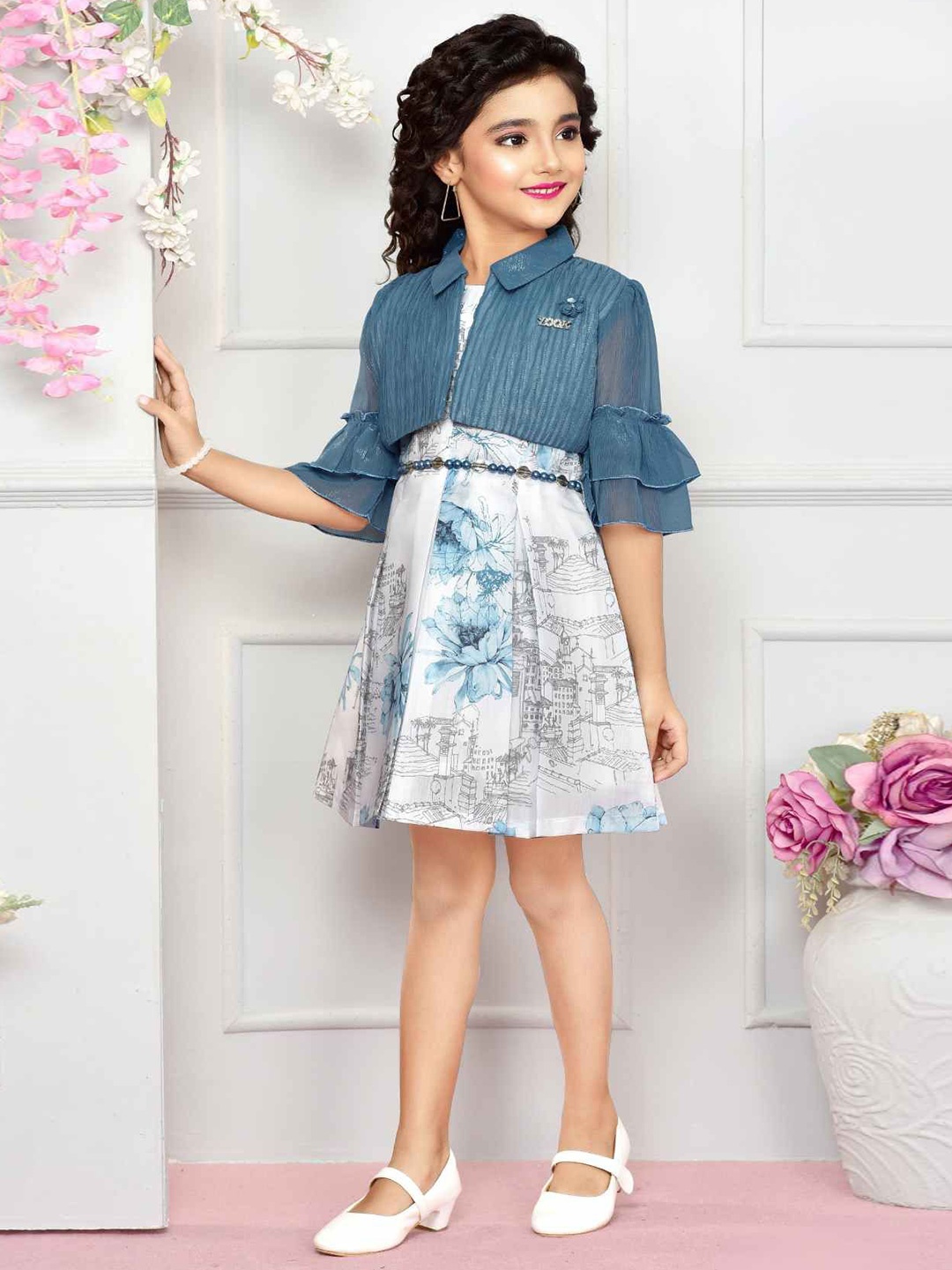 

Lagorii Girls Floral Printed Satin Fit & Flare Dress with Overcoat, Blue