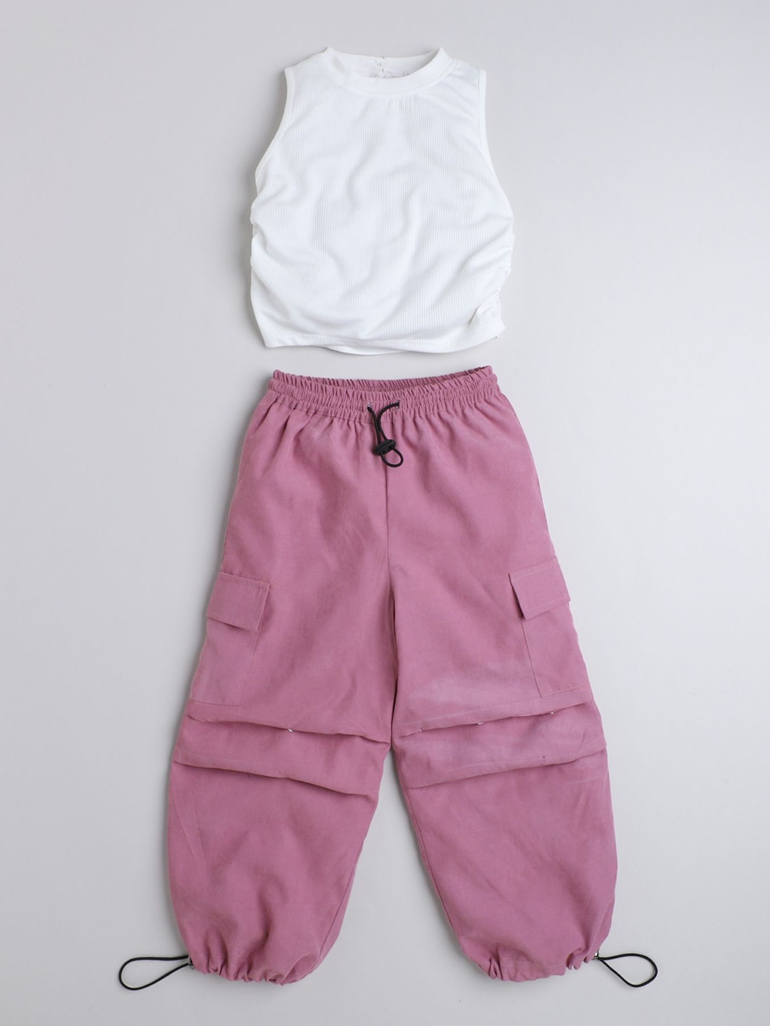 

taffykids Girls Round Neck Top With Cargo Jogger, White