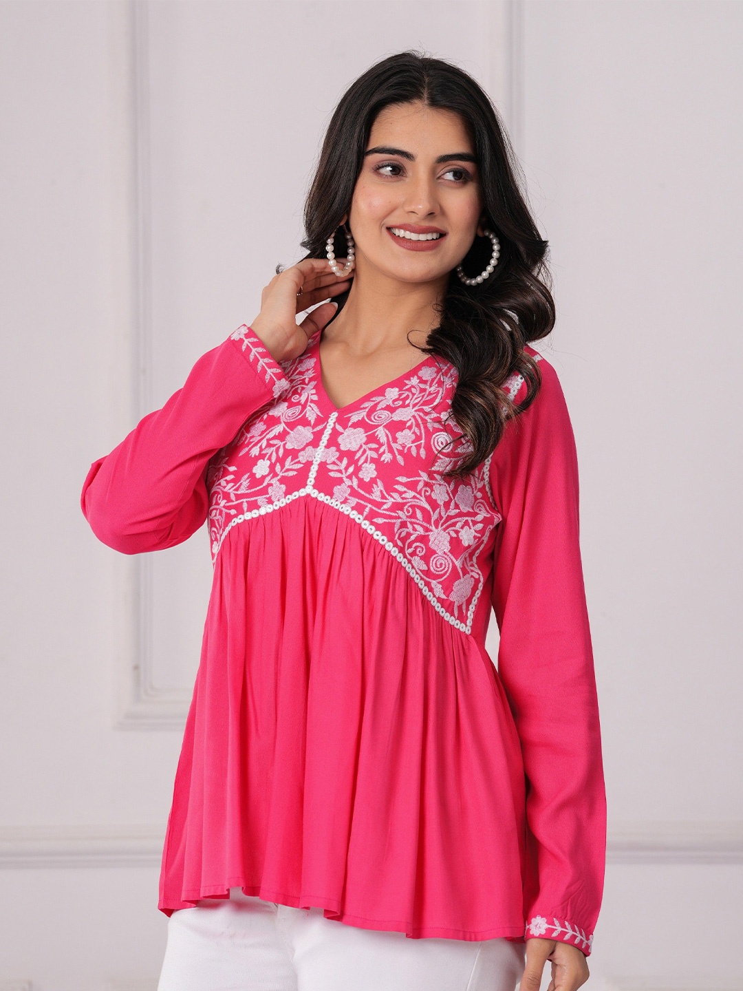 

PINGAKSH Embellished Embroidered Peplum Top, Pink