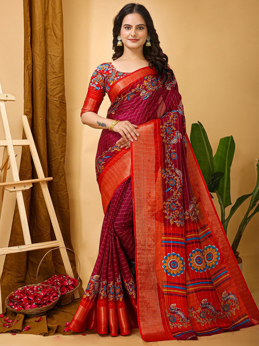 

Anouk Rustic Kalamkari Zari Block Print Saree, Maroon