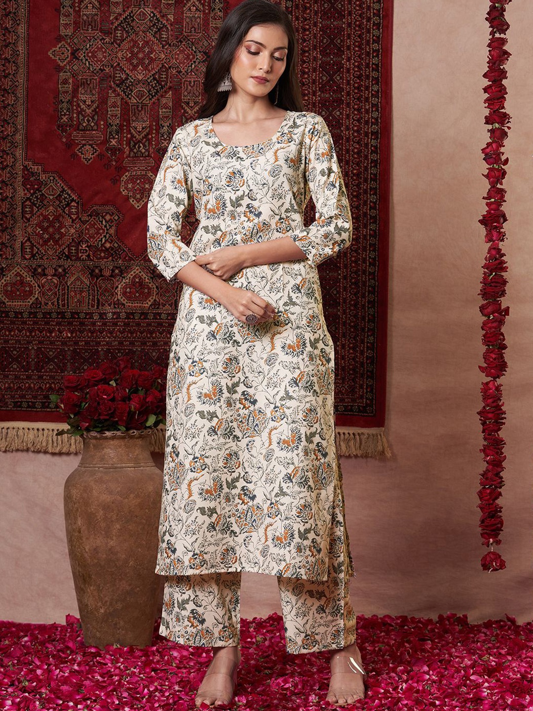 

Anni Designer Floral Printed Round Neck Straight Kurta with Trousers, Cream