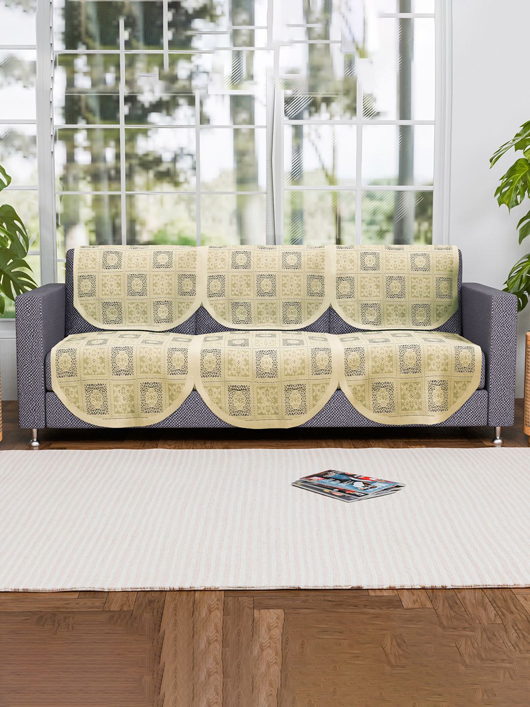 

Kuber Industries Cream-Coloured Set of 6 Floral Pure Cotton Three Seater Sofa Covers