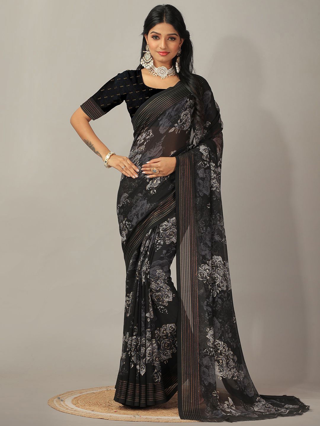 

NIRMAL CREATION Floral Printed Pure Georgette Saree, Black