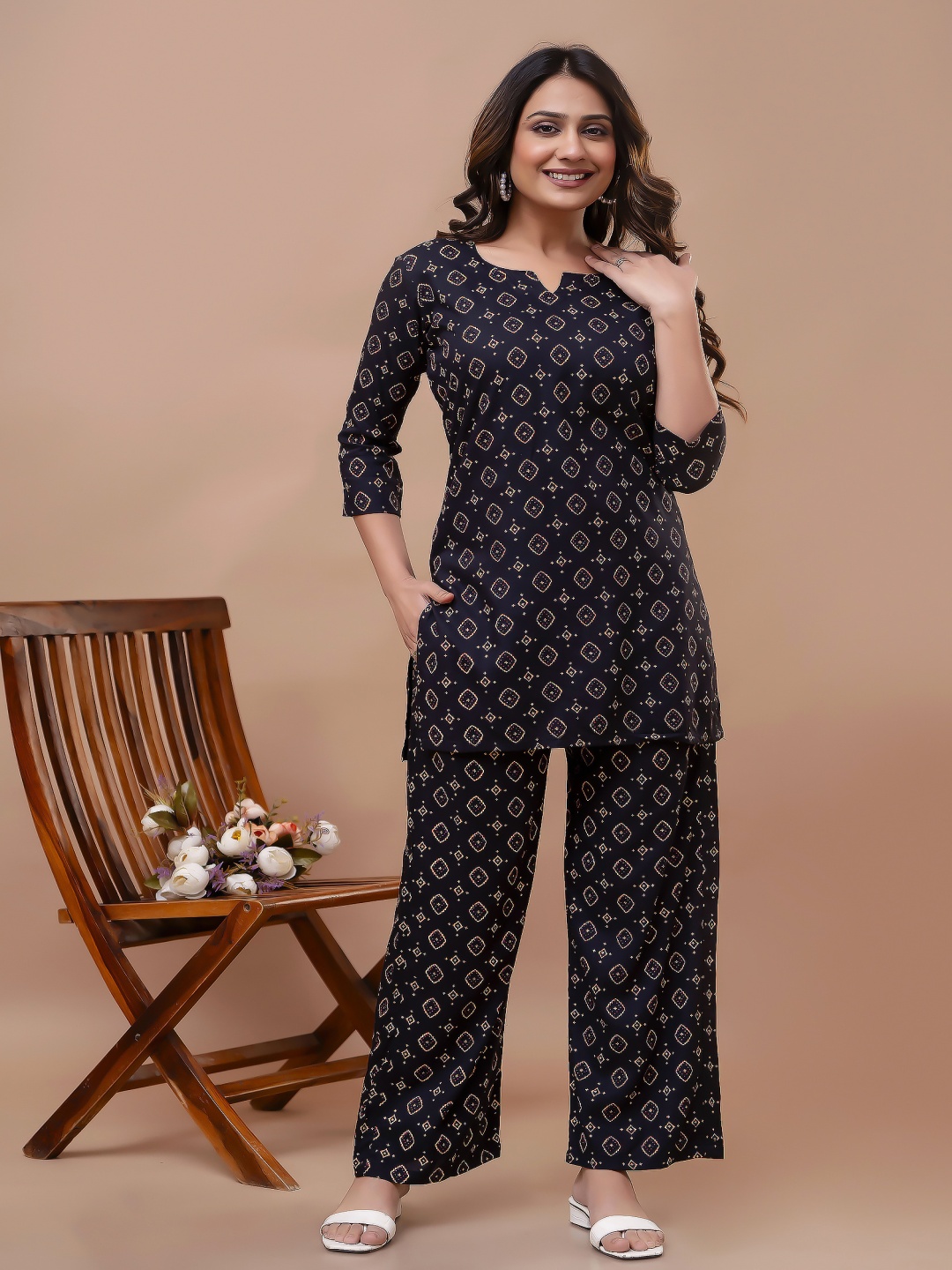 

mad fury Printed Round Neck Pure Cotton Tunic With Trouser, Black