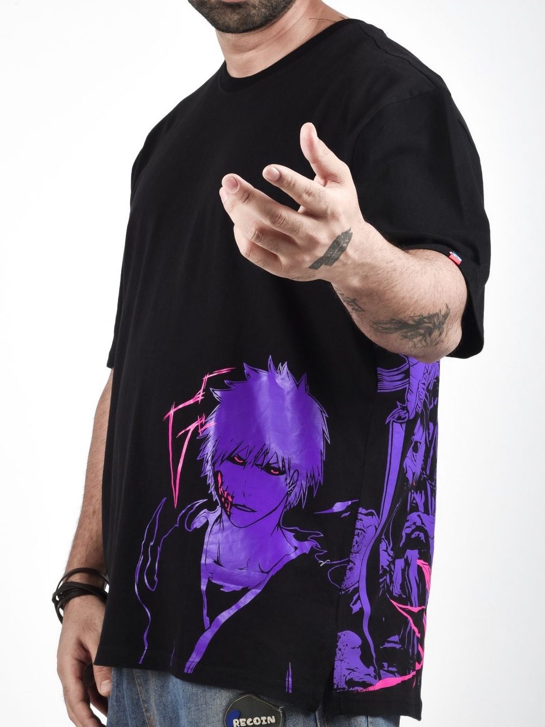 

Xenpachi Bleach Anime Shinigami Neon Printed Cotton Oversize Drop Shoulder Tshirt, Black