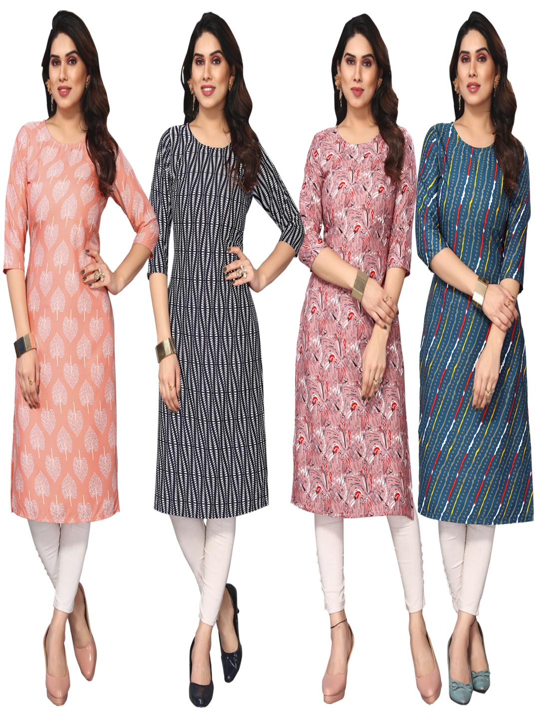 

KETAKI FASHION Selection Of 4 Ethnic Motifs Printed Round Neck Straight Kurtas, Peach