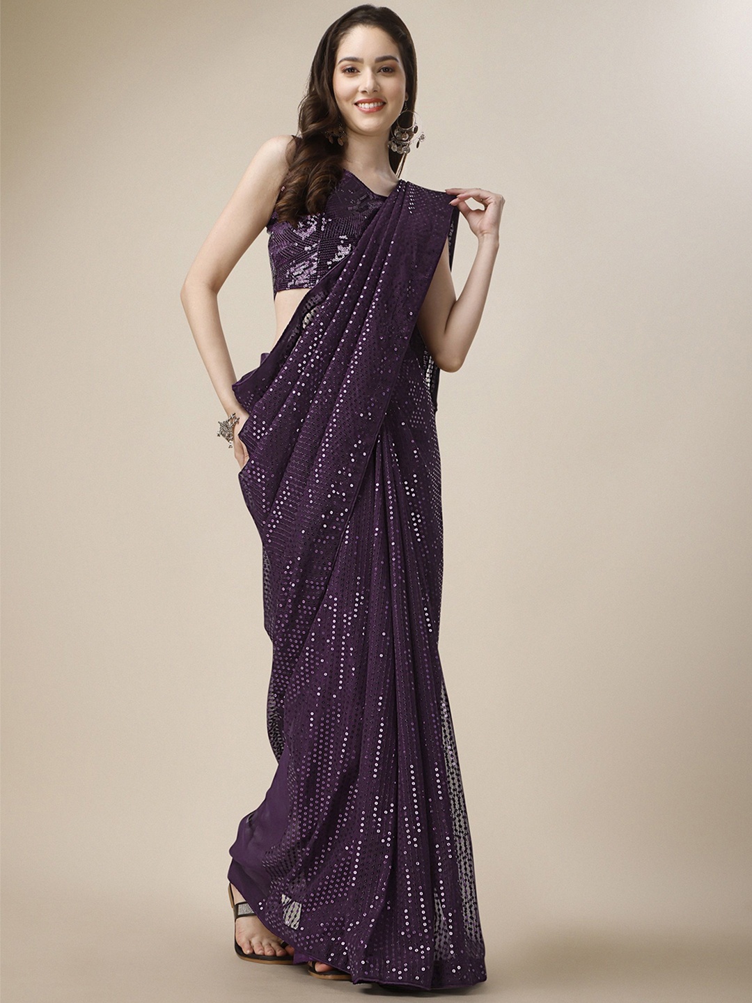 

Moda Rapido Embellished Sequinned Pure Georgette Saree, Purple