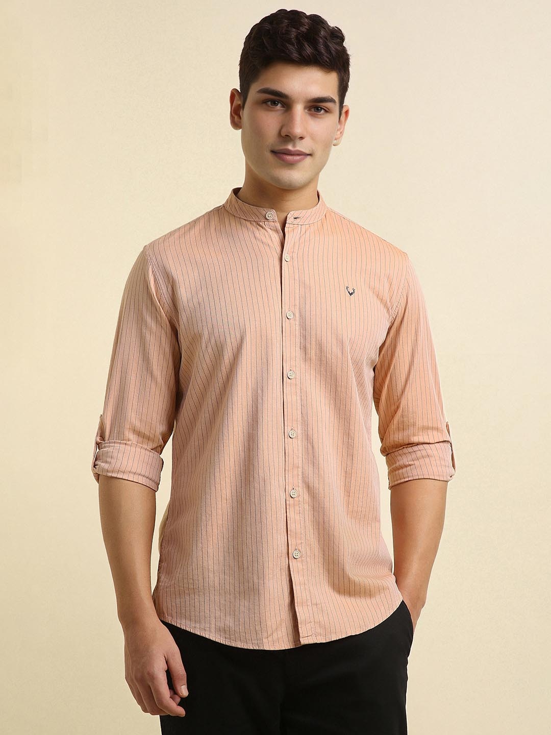 

Allen Solly Men Custom Fit Band Collar Vertical Striped Cotton Casual Shirt, Beige