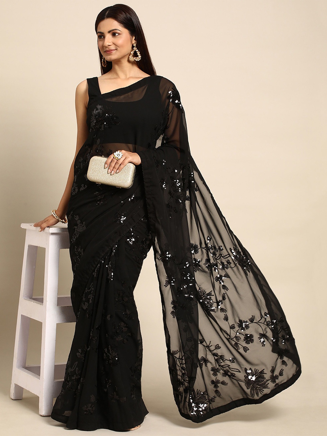 

Moda Rapido Embellished Sequinned Pure Georgette Saree, Black