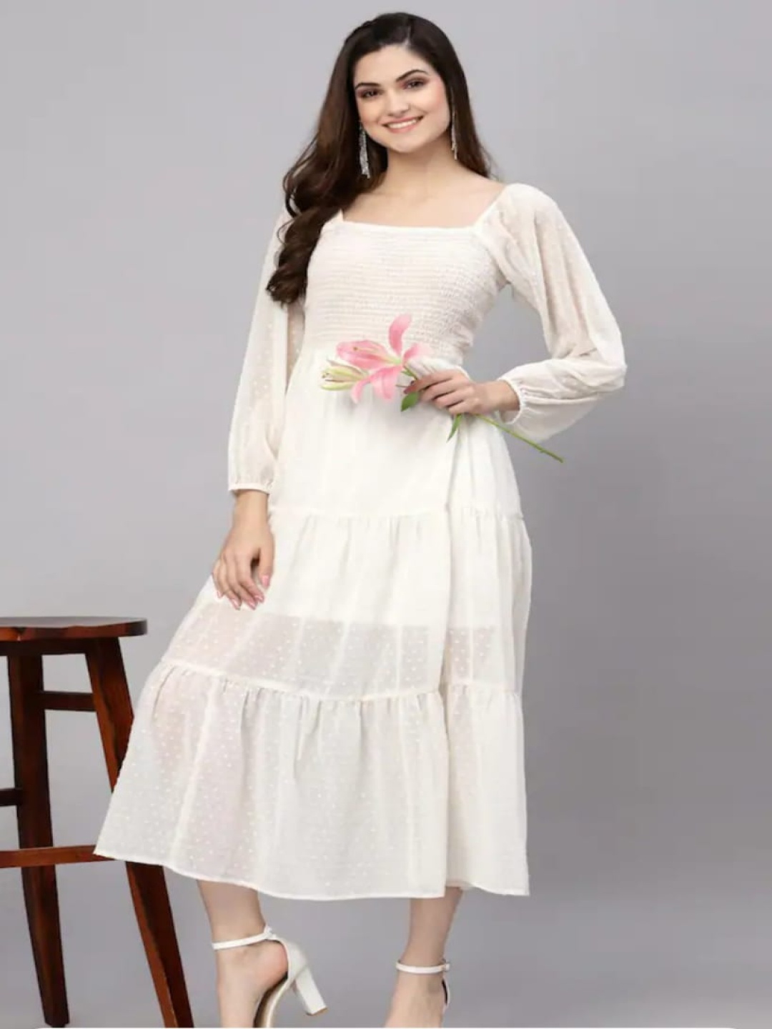 

BPT DESIGNER Smocked Detail Georgette Fit & Flare Midi Dress, White