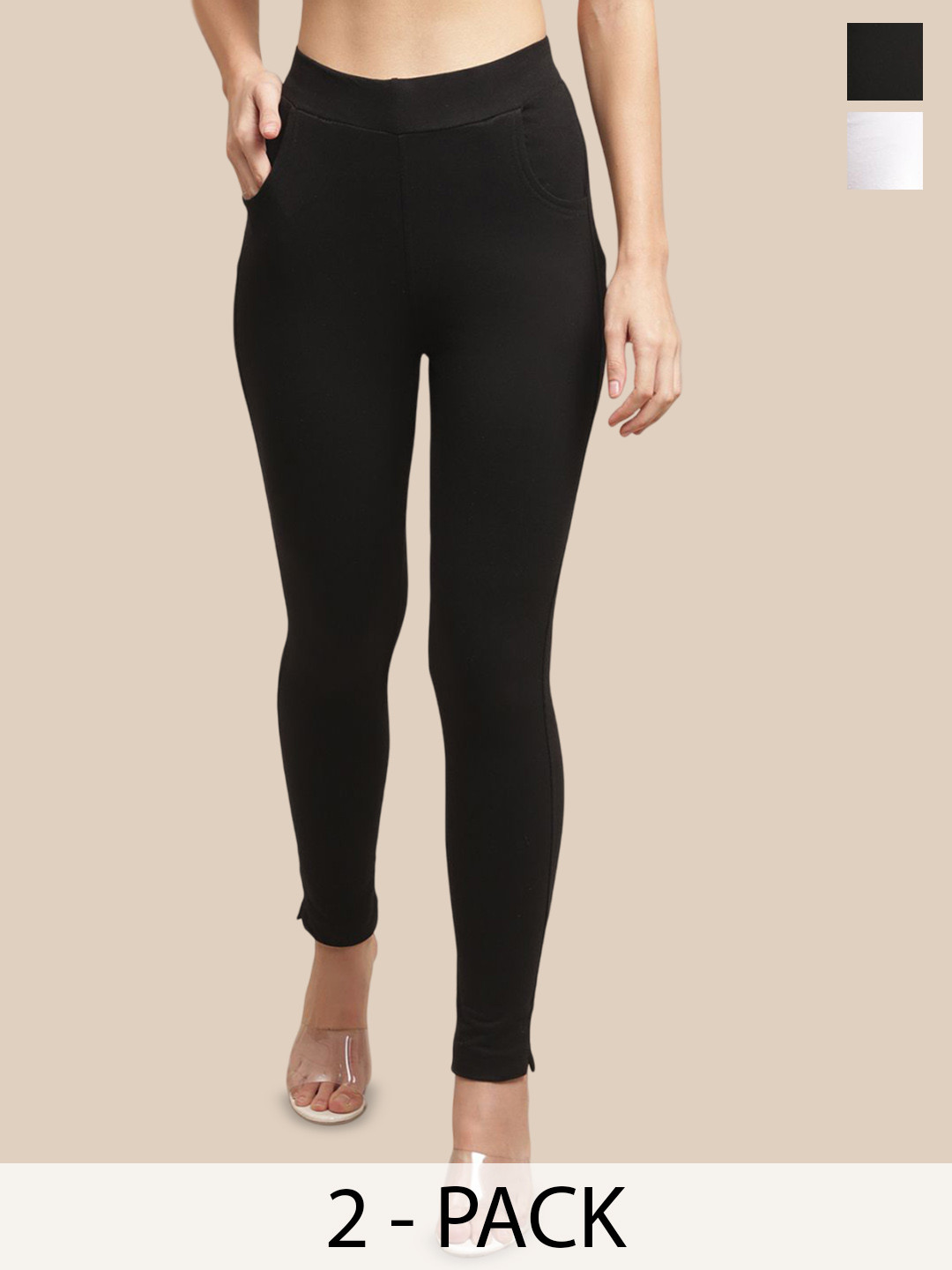 

Valles365 by S.C. Women Pack Of 2 Ankle Length Cotton Leggings with Pocket, Black
