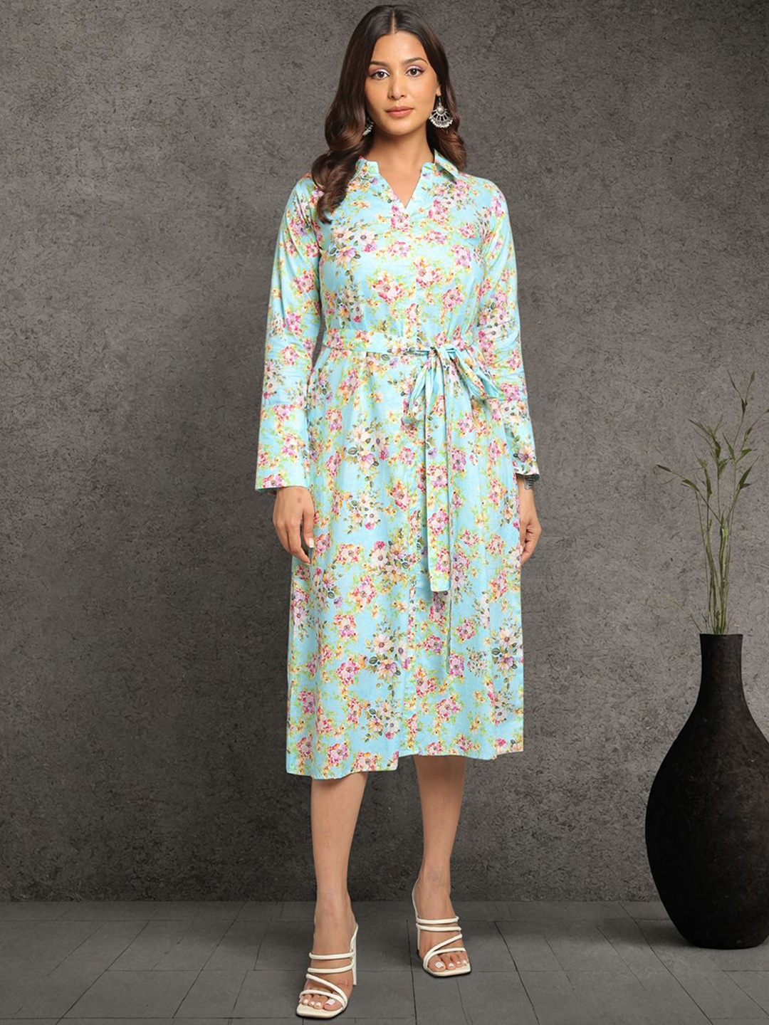 

Tissu Floral Printed Cotton A-Line Midi Dress, Turquoise blue