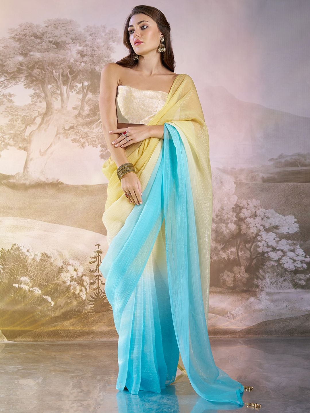 

Mitera Ombre Pure Chiffon Saree, Turquoise blue