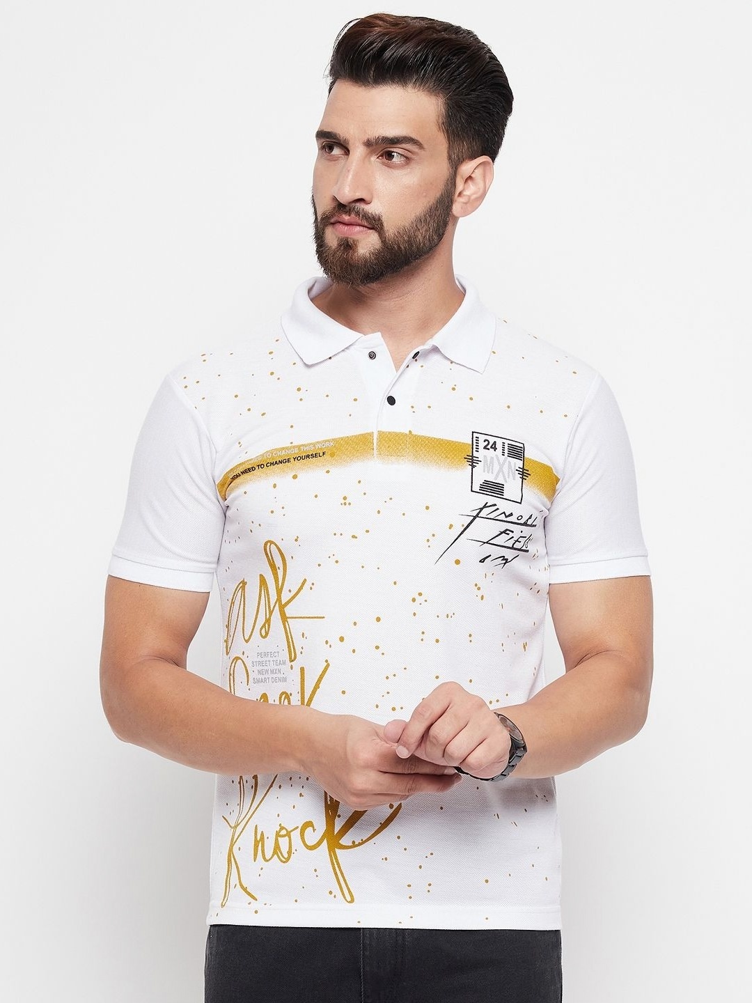 

NYKER Men Printed Polo Collar Pockets T-shirt, White