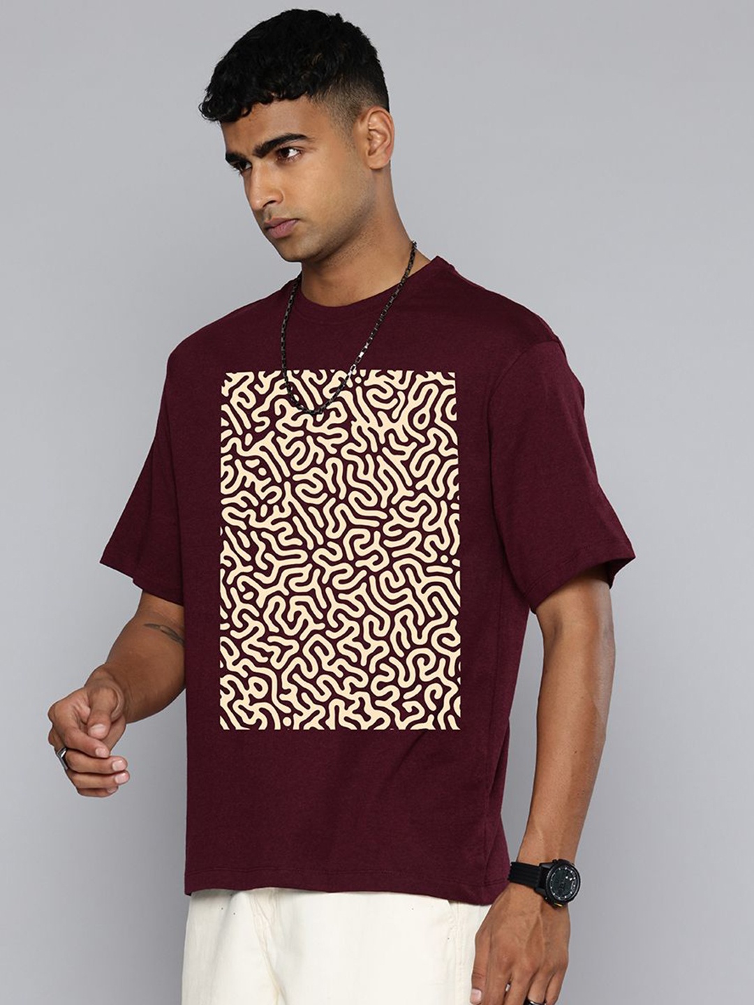 

Moda Rapido Men Abstract Printed Round Neck Cotton Relaxed Fit T-shirt, Burgundy