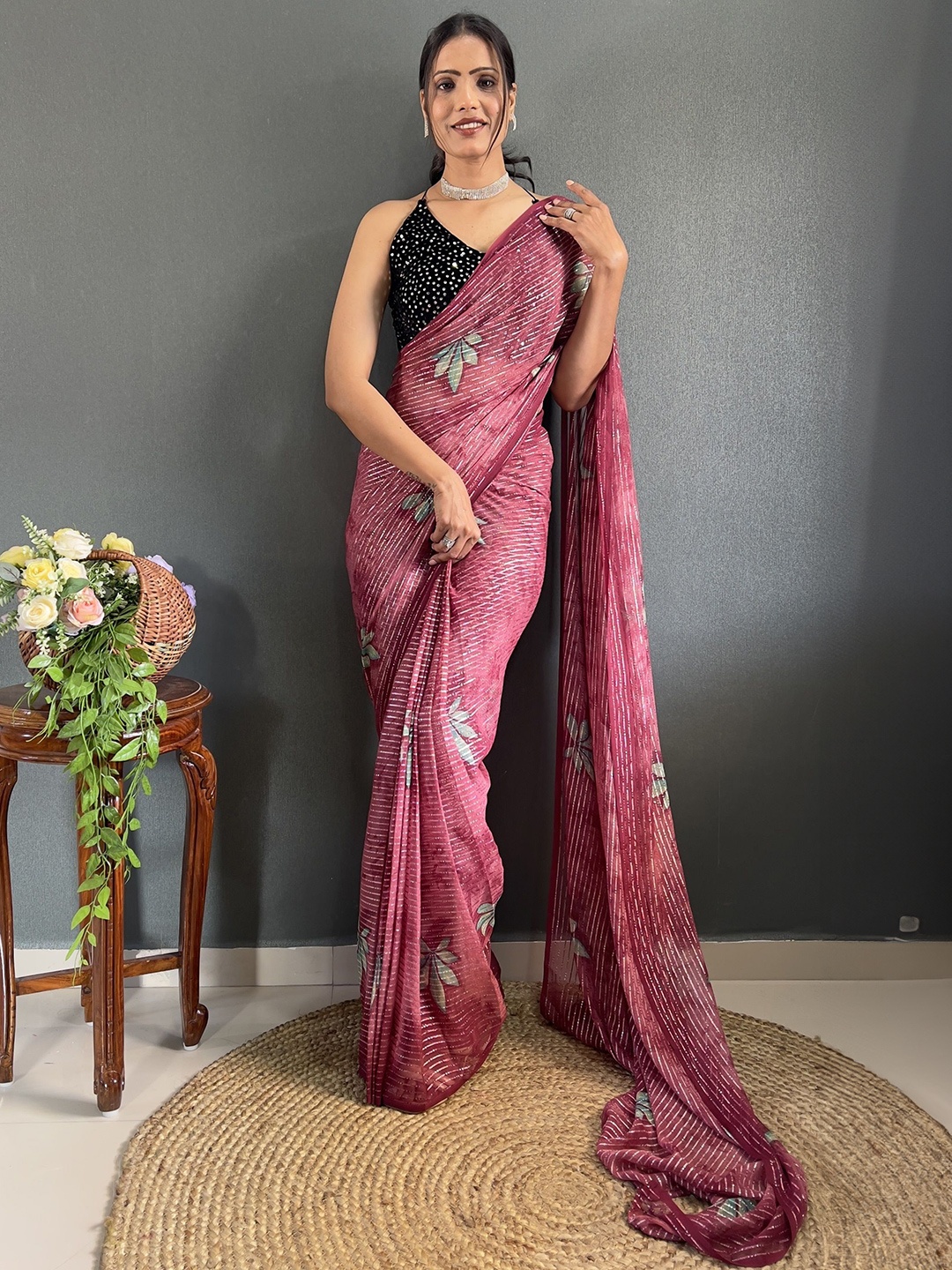 

Moda Rapido Striped Sequinned Pure Georgette Saree, Pink