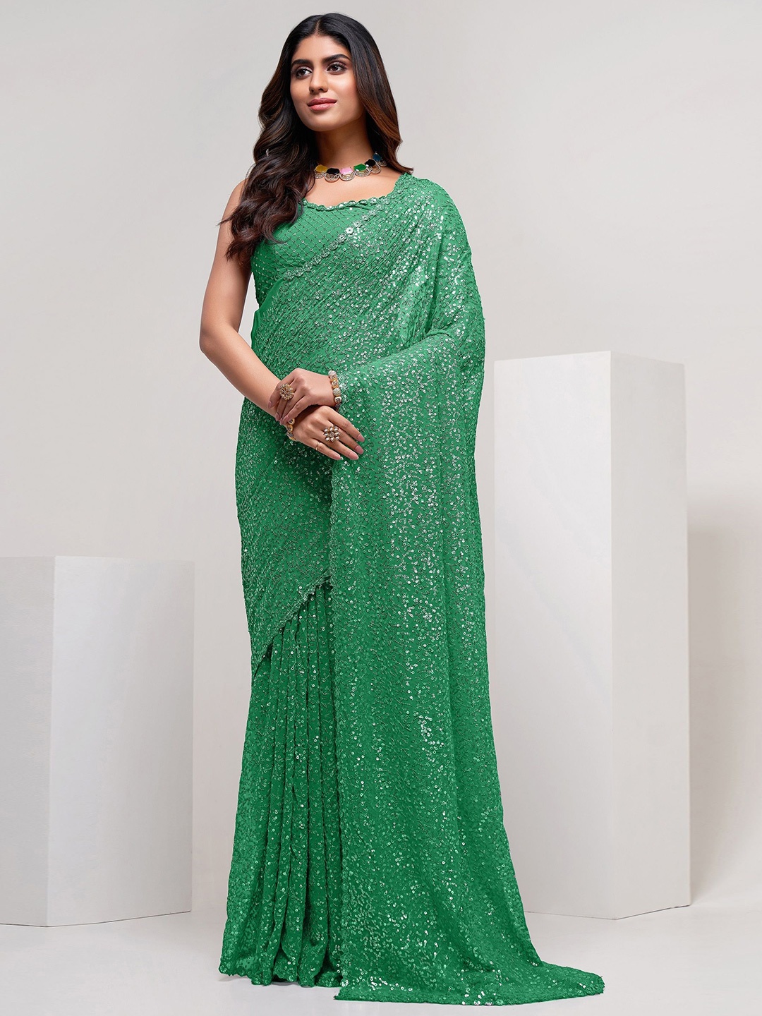 

DIVINE EXIM Embellished Sequinned Embroidered Heavy Work Saree, Lime green